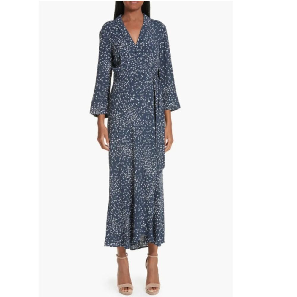 Ganni Barra Crepe Wrap Maxi Dress Sz 36 US 4 Navy Floral Scandi NWOT